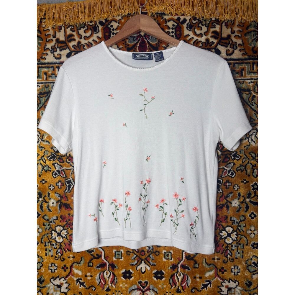 Vintage Riders Jean Company Lee White T-Shirt with Wildflower Embroidery sz XL